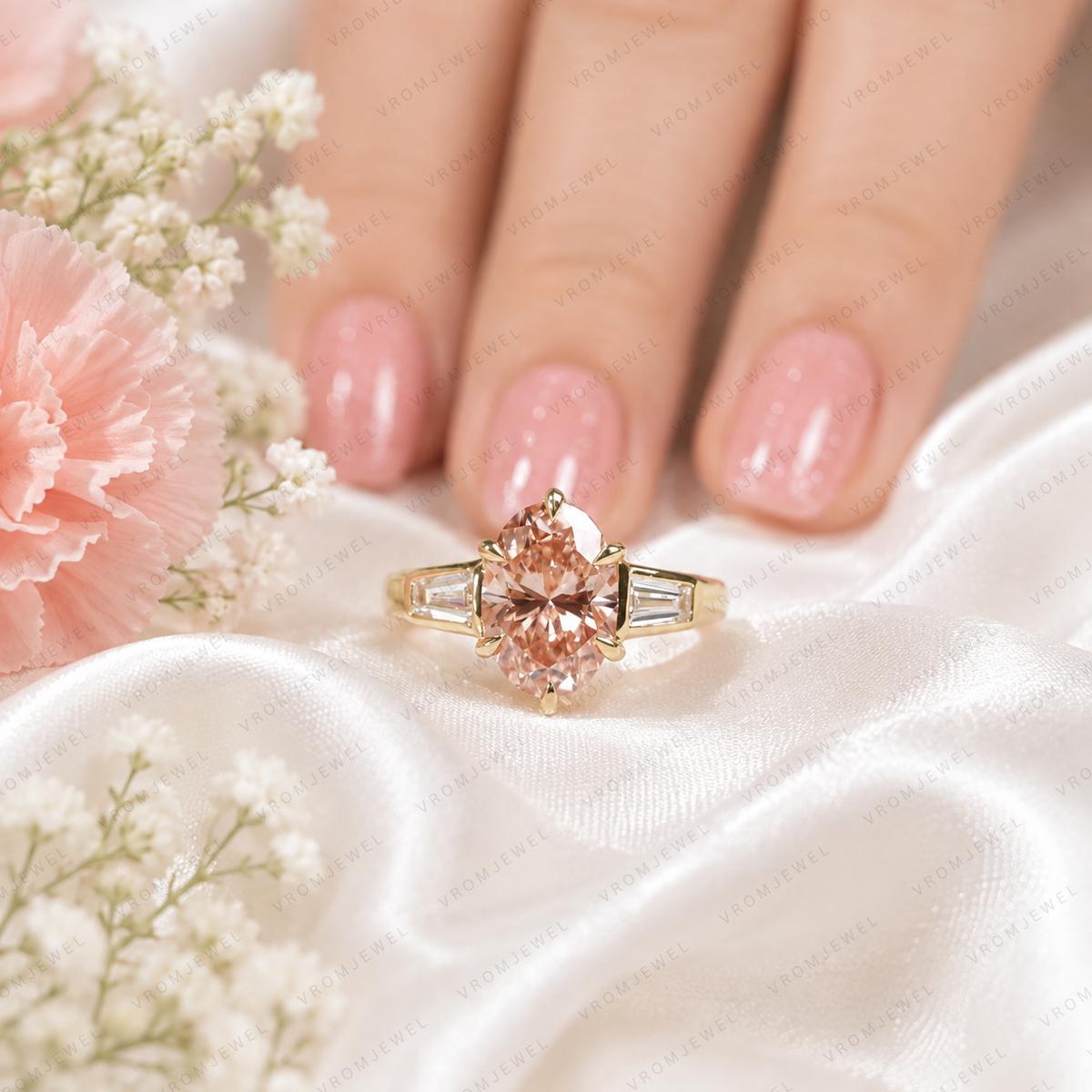 Pink Oval Lab Grown Diamond Engagement Ring, Pink Diamond Ring, Elegant Halo Setting, Diamond Accent Ring, 10K 14K 18K Gold
