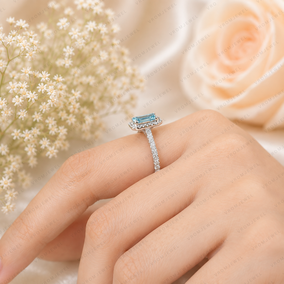 Blue Emerald Cut Lab Grown Diamond Ring, 1.50 Carat Blue Diamond Engagement Ring, Emerald Cut Halo Ring, Round Diamond Accents, Pavé Band