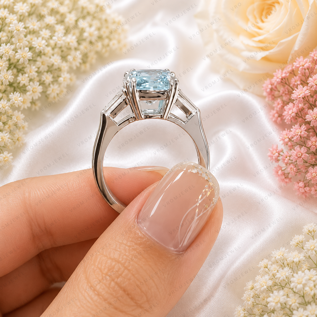 Blue Cushion Cut Lab Grown Diamond Ring, 3 Carat Blue Diamond Engagement Ring, Baguette Side Stones, Statement Ring, Pavé Band, 10K 14K 18K