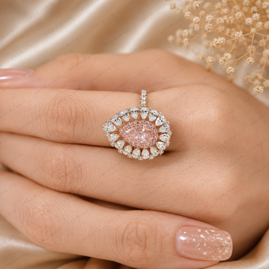 Pink Pear Shape Lab Grown Diamond Engagement Ring, Floral Halo Diamond Ring, Pink Diamond Ring, Pavé Band, 10K 14K 18K Gold