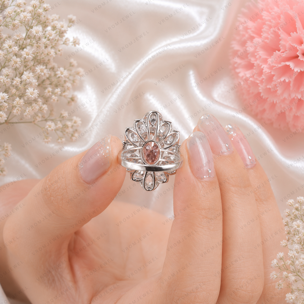 Pink Marquise Lab Grown Diamond Engagement Ring, Floral Halo Ring, Pear Shape Diamond Accents, Pink Diamond Ring, 10K 14K 18K Gold