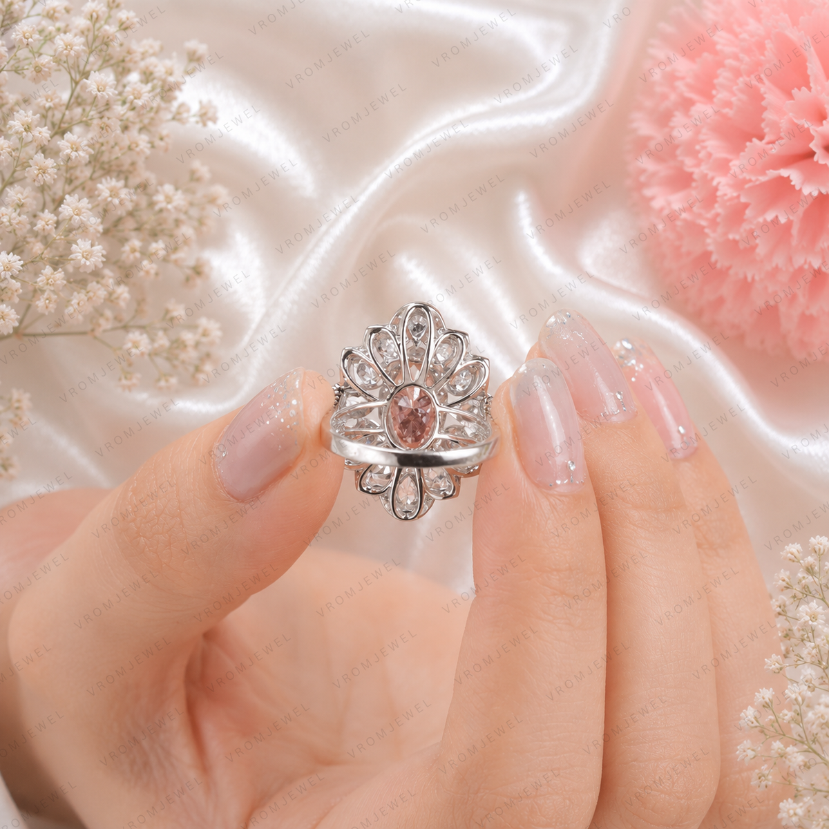 Pink Marquise Lab Grown Diamond Engagement Ring, Floral Halo Ring, Pear Shape Diamond Accents, Pink Diamond Ring, 10K 14K 18K Gold