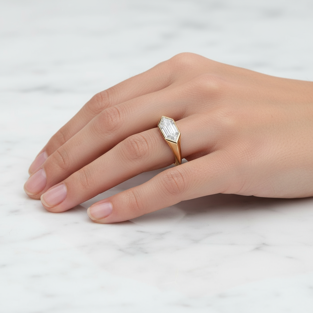 Hexagon East West Ring Bezel Design | Lab Grown Diamond | 14K Yellow Gold