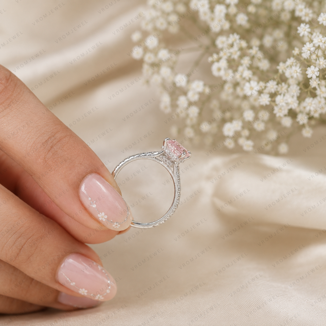 Pink Princess Cut Lab Grown Diamond Engagement Ring, Pavé Diamond Band, Minimalist Pink Diamond Ring, Elegant Bridal Ring, 10K 14K 18K Gold