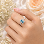 Blue Emerald Cut Lab Grown Diamond Ring, 1.50 Carat Blue Diamond Engagement Ring, Emerald Cut Halo Ring, Round Diamond Accents, Pavé Band