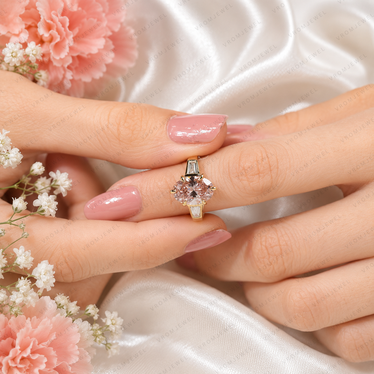 Pink Oval Lab Grown Diamond Engagement Ring, Pink Diamond Ring, Elegant Halo Setting, Diamond Accent Ring, 10K 14K 18K Gold