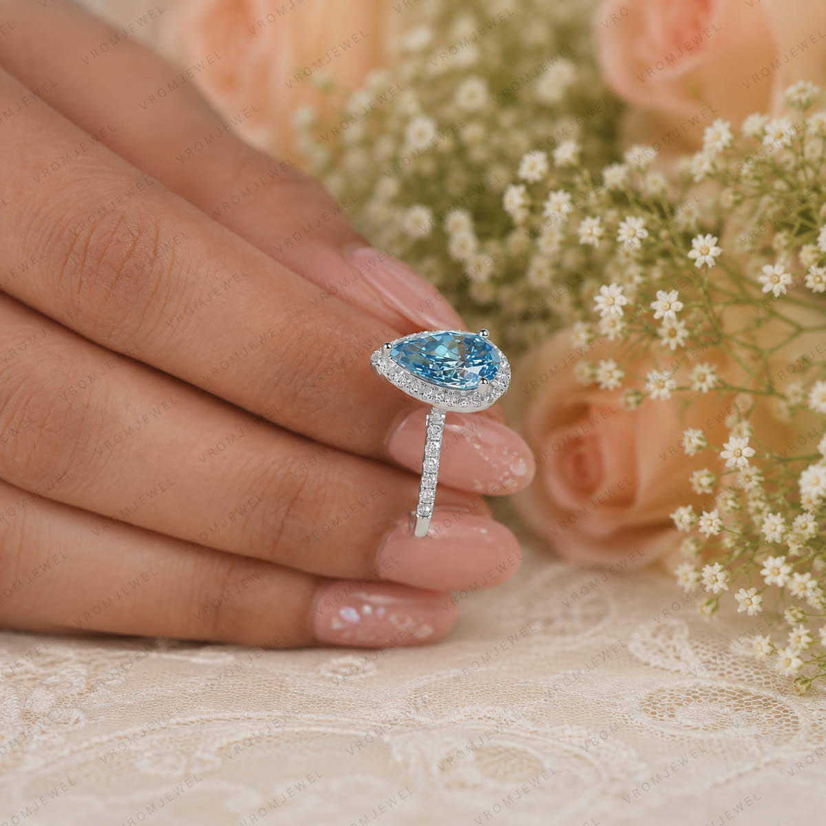 Blue Pear Shape Lab Grown Diamond Ring, 3 Carat Blue Diamond Engagement Ring, Pear Cut Halo Ring, Pavé Diamond Band, Blue Bridal Ring