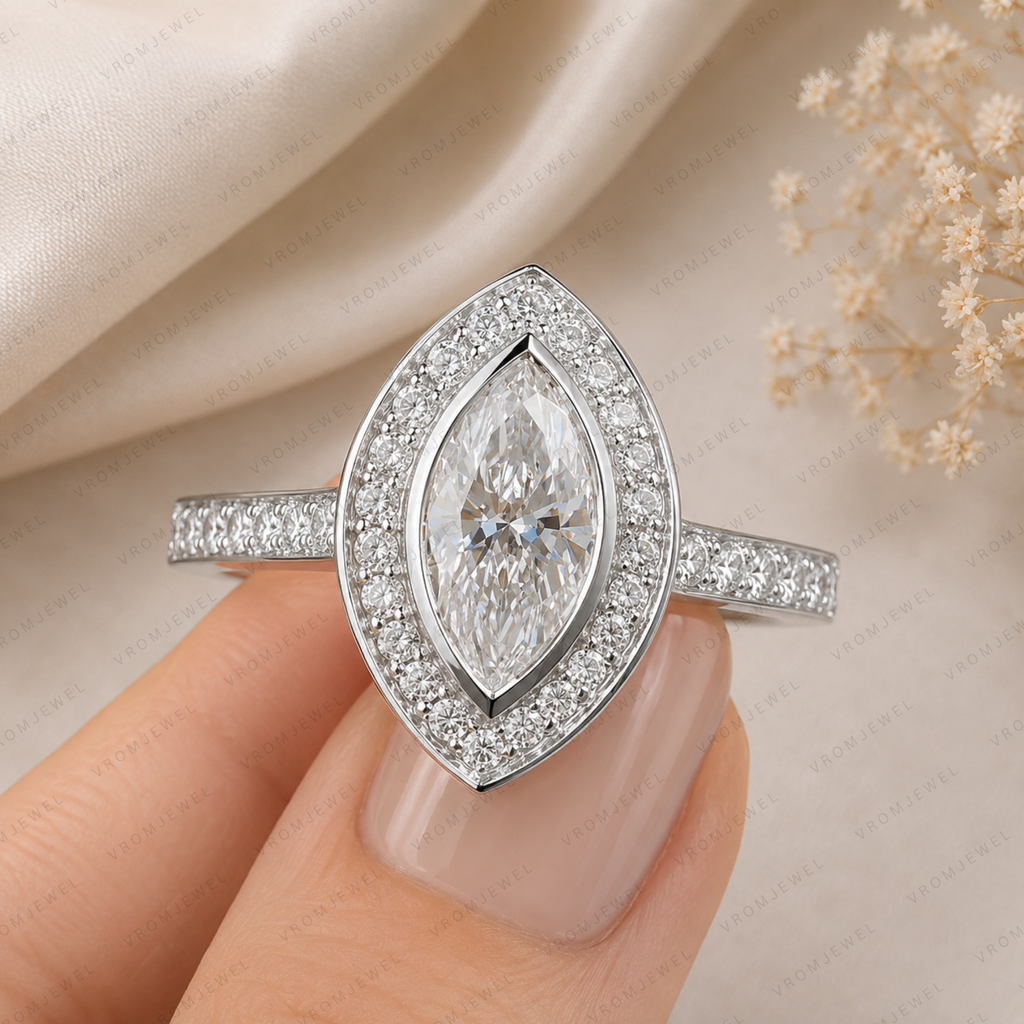 Elegant Marquise Lab Grown Diamond Bezel Set Halo Engagement Ring