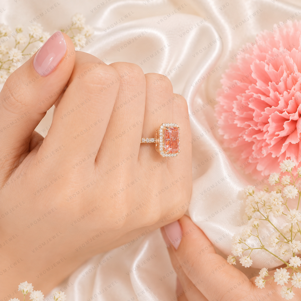 Pink Radiant Cut Lab Grown Diamond Engagement Ring, Halo Diamond Ring, Pink Diamond Ring, Pavé Band, 4 Prong Setting, 10K 14K 18K Gold