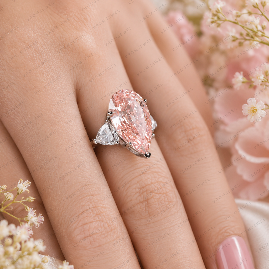 10 Carat Pink Pear Lab Grown Diamond Engagement Ring, Triangle Diamond Accents, Pink Pear Shape Ring, Statement Bridal Ring