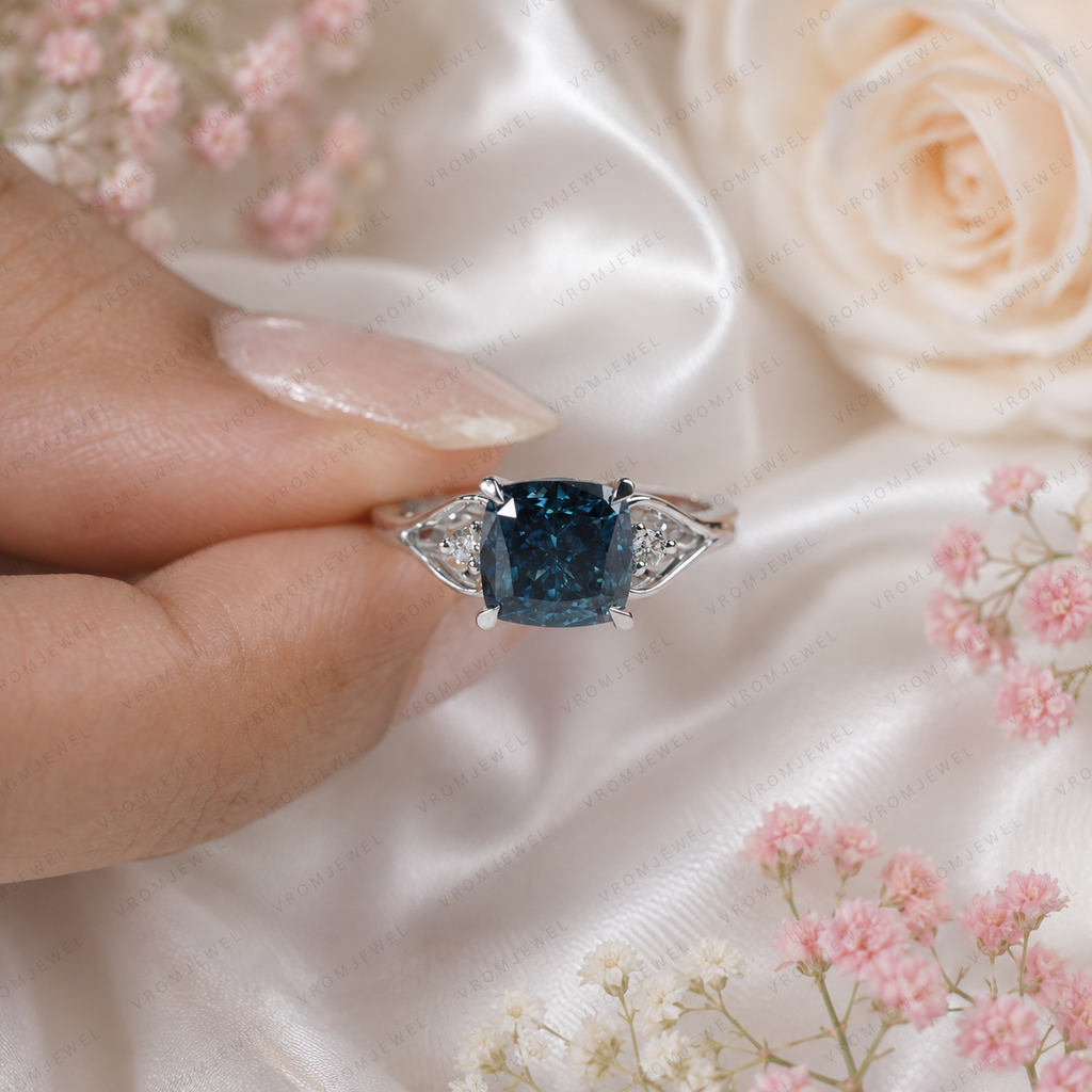 Blue Cushion Cut Lab Grown Diamond Ring, 3 Carat Blue Diamond Engagement Ring, Round Diamond Accents, Unique Statement Ring, 10K 14K 18KGold