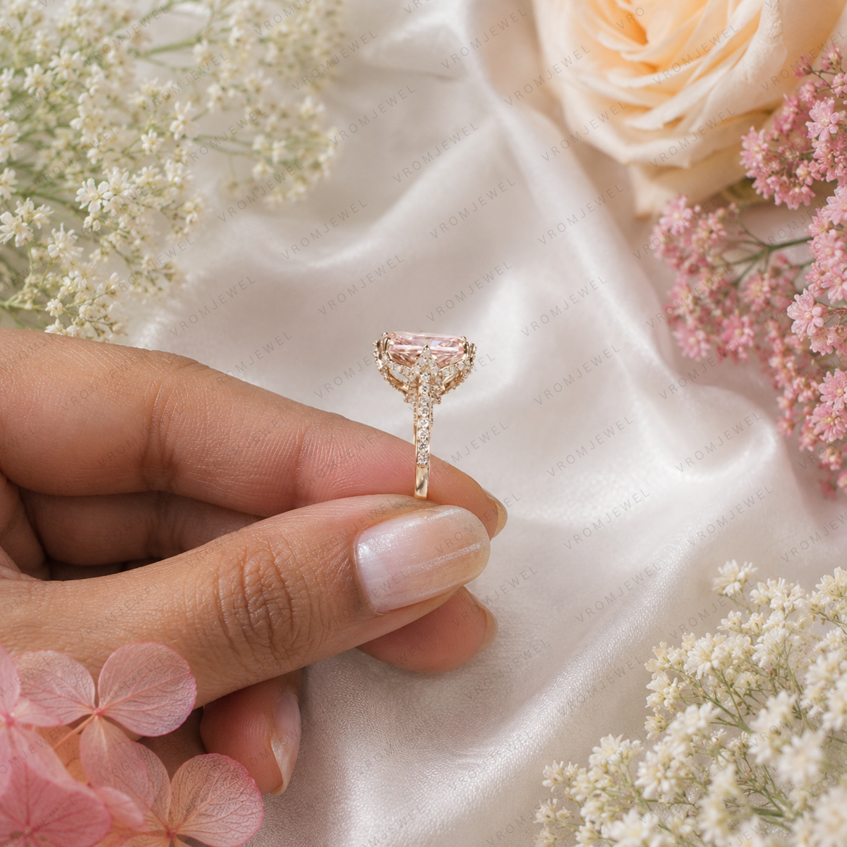 Pink Radiant Lab Grown Diamond Halo Engagement Ring, Pavé Diamond Band, Pink Diamond Ring, 10K 14K 18K Gold
