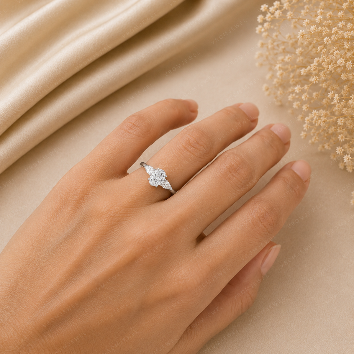 Oval Engagement Ring | Lab Grown Diamond | Pear Side Stones | Prong Set | 14K Yellow Gold