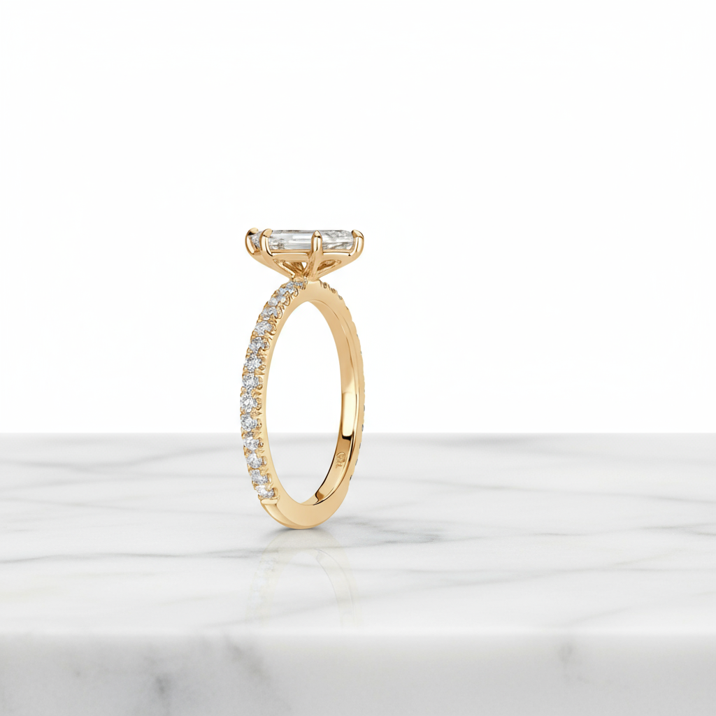 Hexagon Cut Ring with Pavé Band | Lab Grown Diamond | 14K Yellow Gold