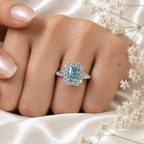 Blue Radiant Cut Lab Grown Diamond Ring, 2 Carat Blue Diamond Engagement Ring, Halo Ring, Baguette Side Stones, Statement Ring, 10K 14K 18K
