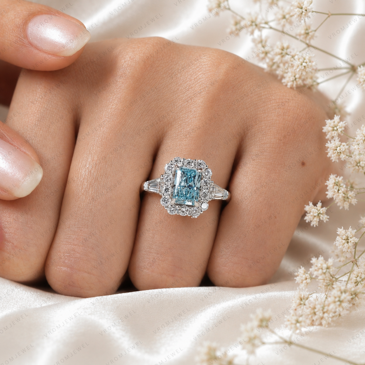 Blue Radiant Cut Lab Grown Diamond Ring, 2 Carat Blue Diamond Engagement Ring, Halo Ring, Baguette Side Stones, Statement Ring, 10K 14K 18K