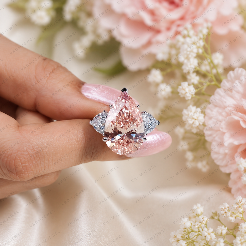 10 Carat Pink Pear Lab Grown Diamond Engagement Ring, Triangle Diamond Accents, Pink Pear Shape Ring, Statement Bridal Ring