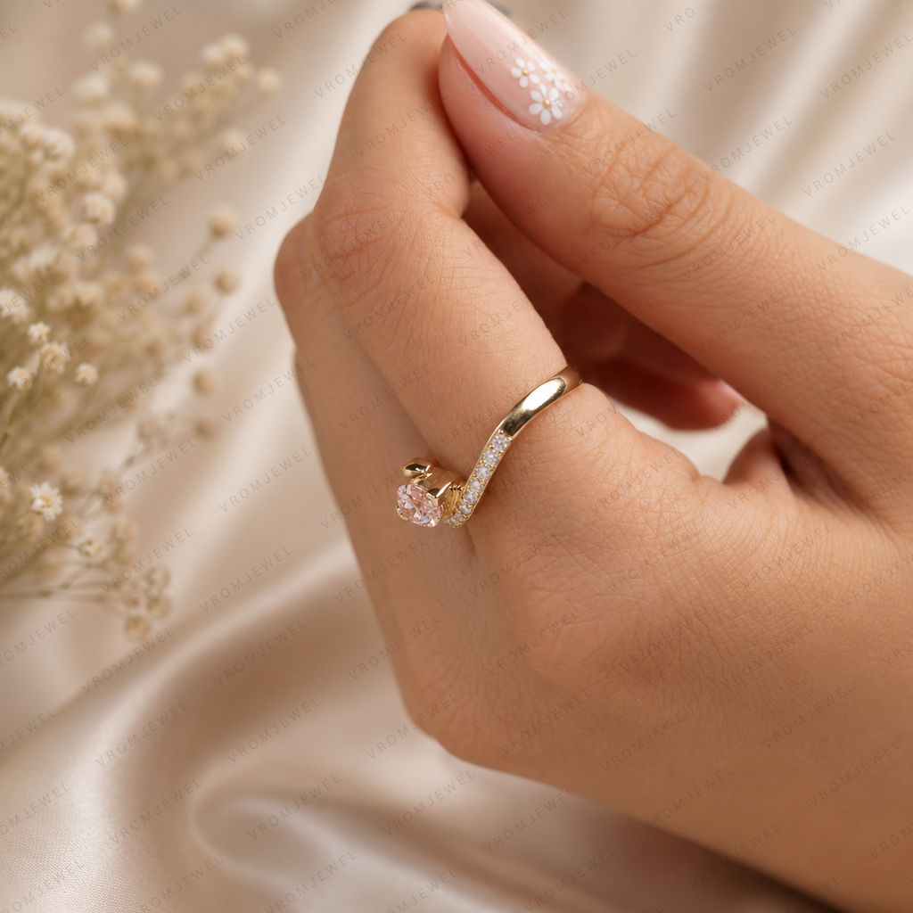 Pink Marquise Lab Grown Diamond Engagement Ring, Minimalist Crossover Ring, Pavé Diamond Band, Dainty Wedding Ring, 10K 14K 18K Gold