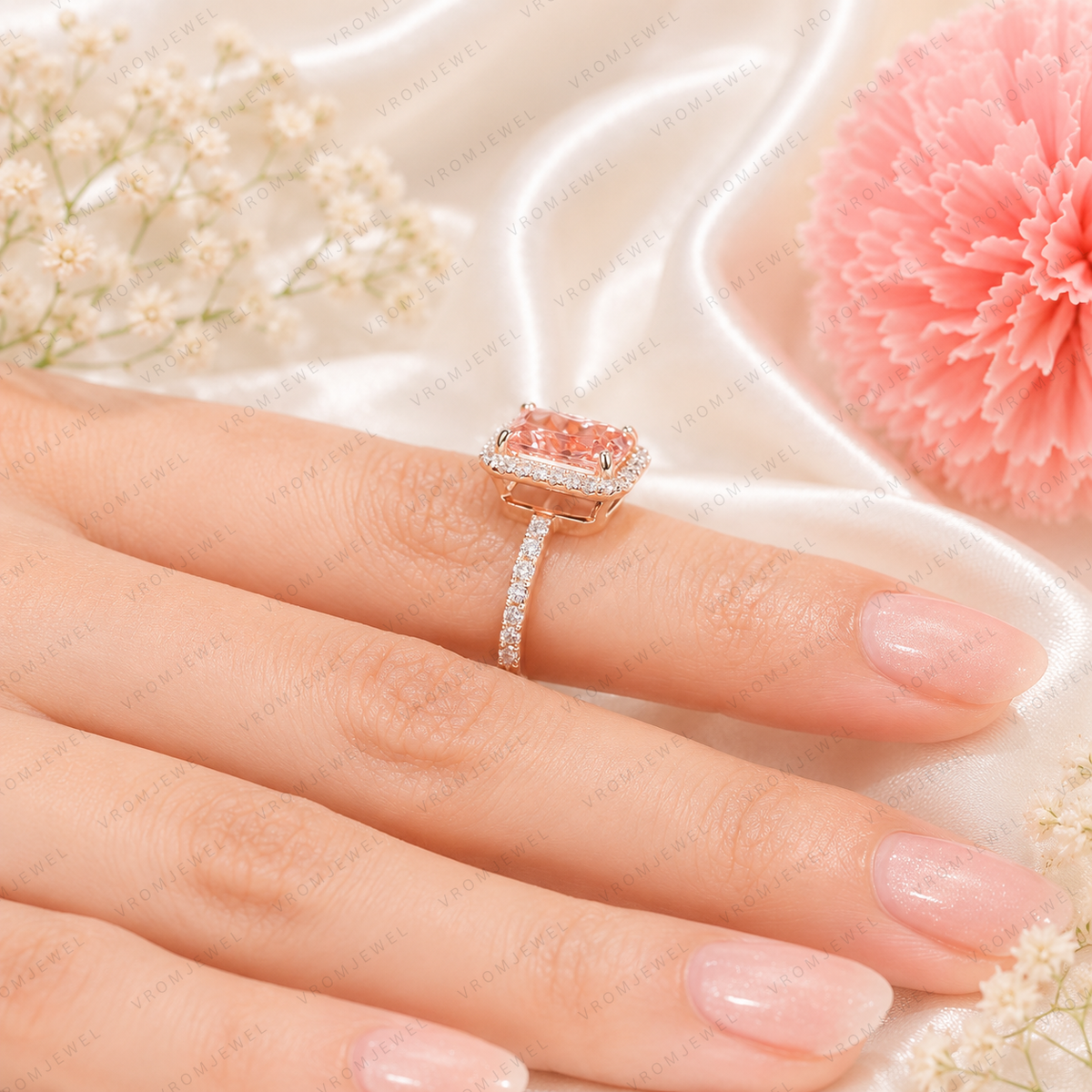 Pink Radiant Cut Lab Grown Diamond Engagement Ring, Halo Diamond Ring, Pink Diamond Ring, Pavé Band, 4 Prong Setting, 10K 14K 18K Gold