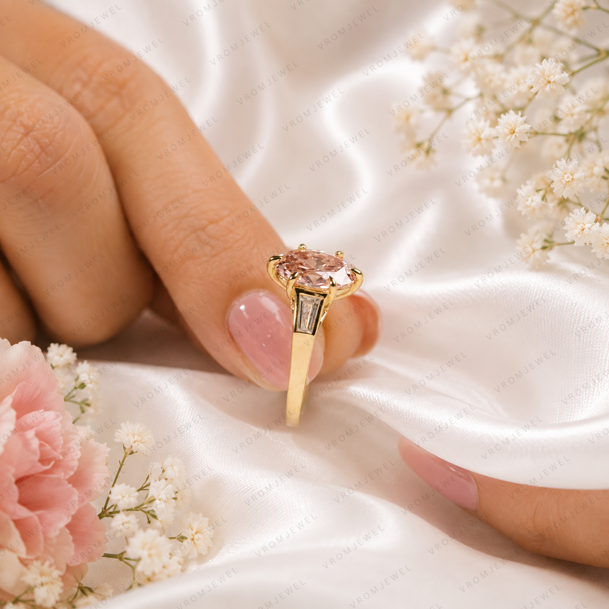 Pink Oval Lab Grown Diamond Engagement Ring, Pink Diamond Ring, Elegant Halo Setting, Diamond Accent Ring, 10K 14K 18K Gold