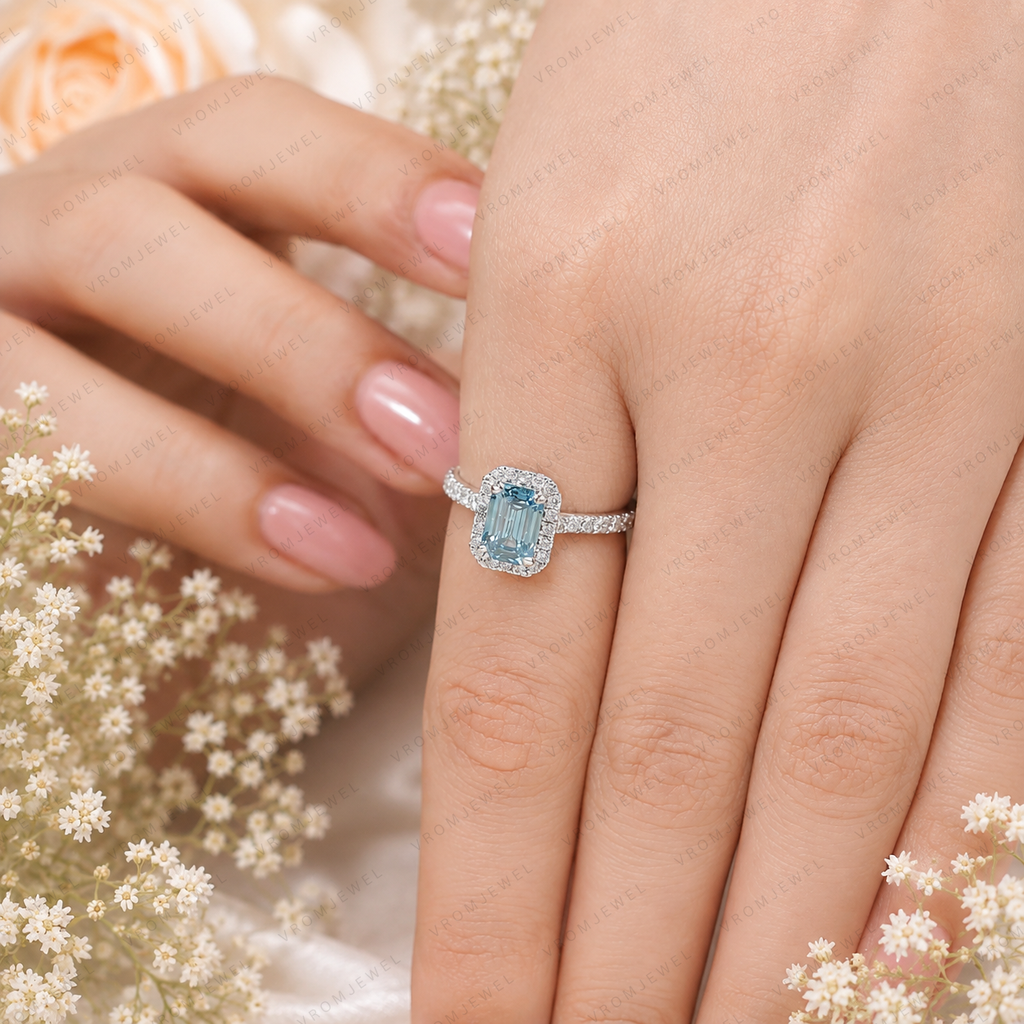 Blue Emerald Cut Lab Grown Diamond Ring, 1.50 Carat Blue Diamond Engagement Ring, Emerald Cut Halo Ring, Round Diamond Accents, Pavé Band