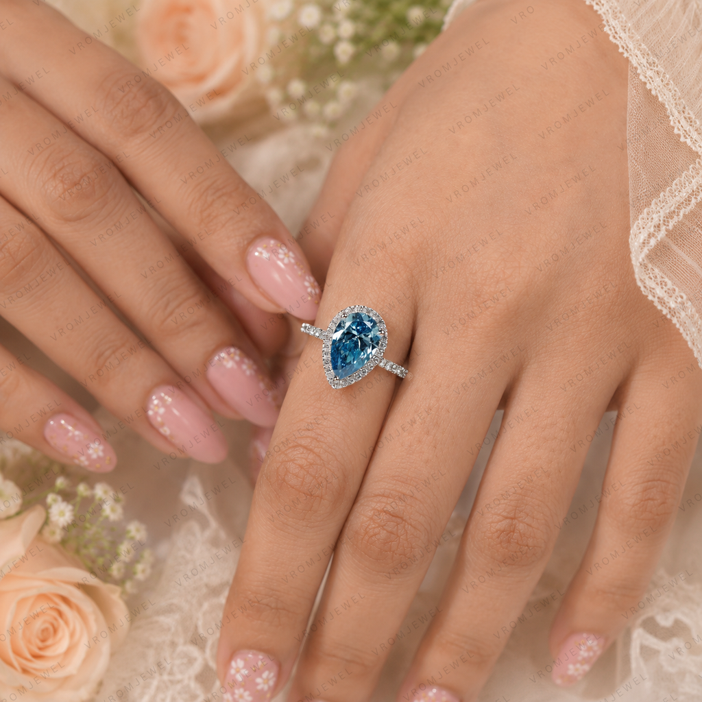Blue Pear Shape Lab Grown Diamond Ring, 3 Carat Blue Diamond Engagement Ring, Pear Cut Halo Ring, Pavé Diamond Band, Blue Bridal Ring
