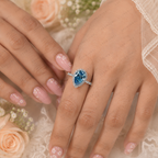 Blue Pear Shape Lab Grown Diamond Ring, 3 Carat Blue Diamond Engagement Ring, Pear Cut Halo Ring, Pavé Diamond Band, Blue Bridal Ring