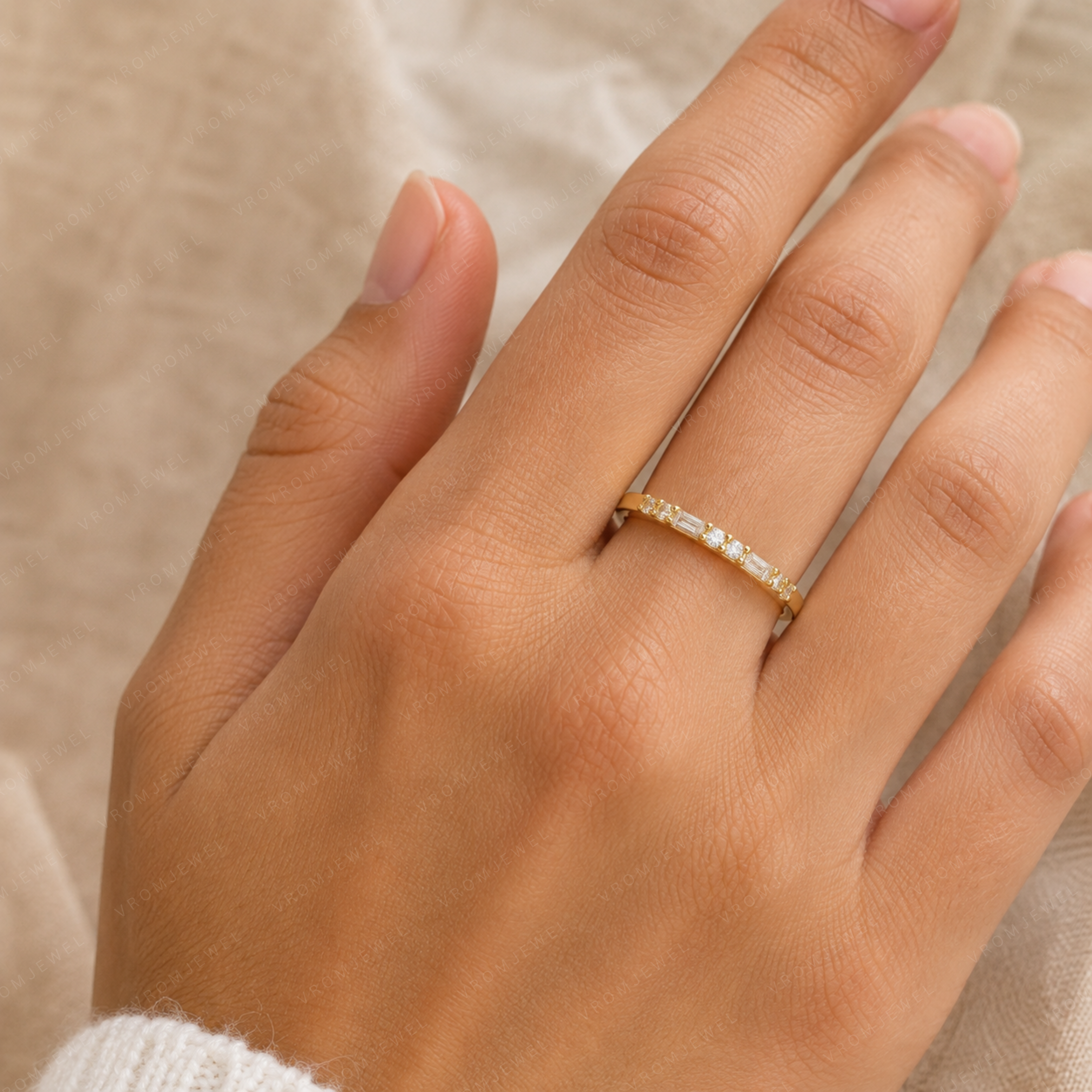Lab Grown Diamond Wedding Band: 14K Gold Round & Baguette Anniversary Ring
