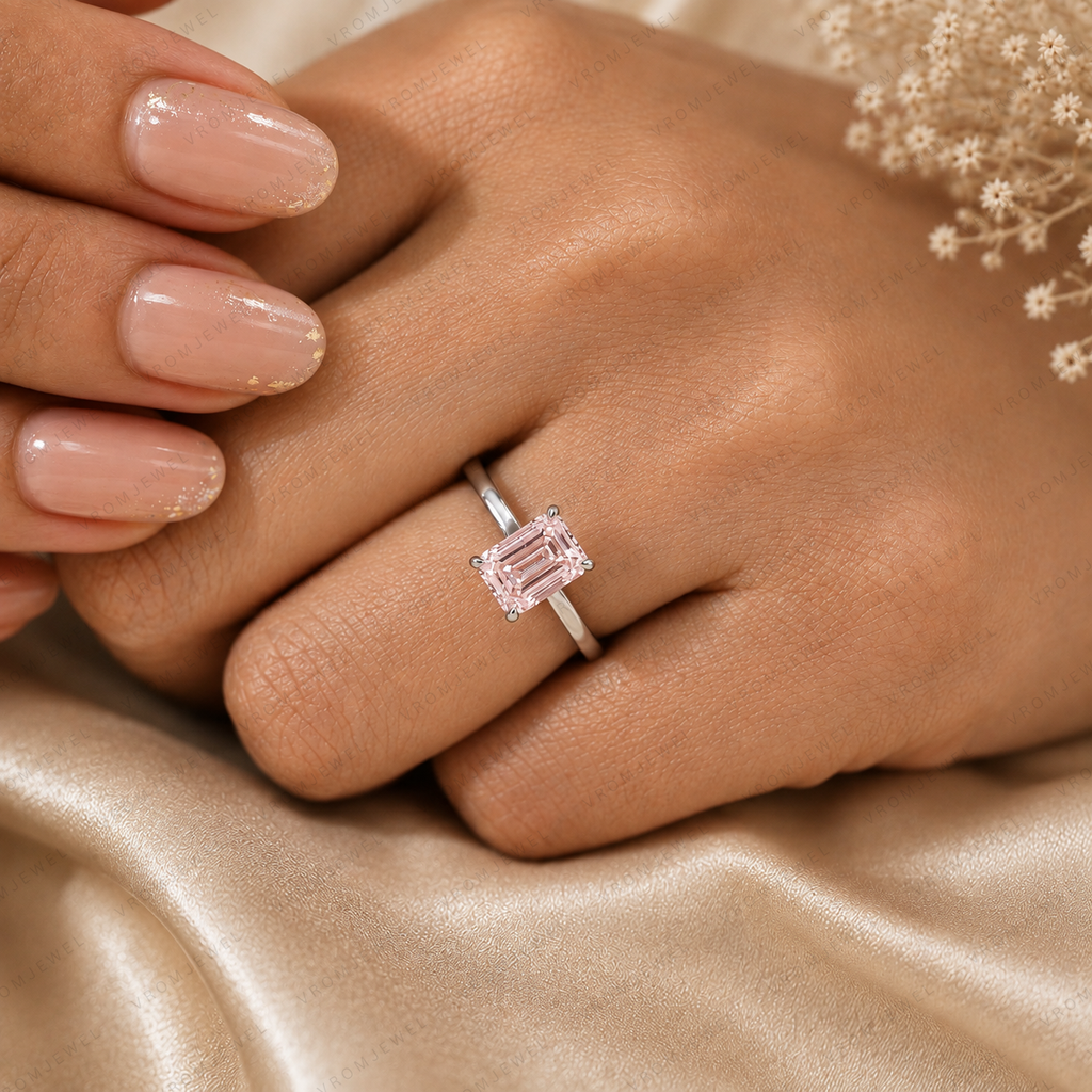 Pink Emerald Cut Lab Grown Diamond Engagement Ring, Minimalist Solitaire Ring, Pink Diamond Ring, 4 Prong Setting, 10K 14K 18K Gold