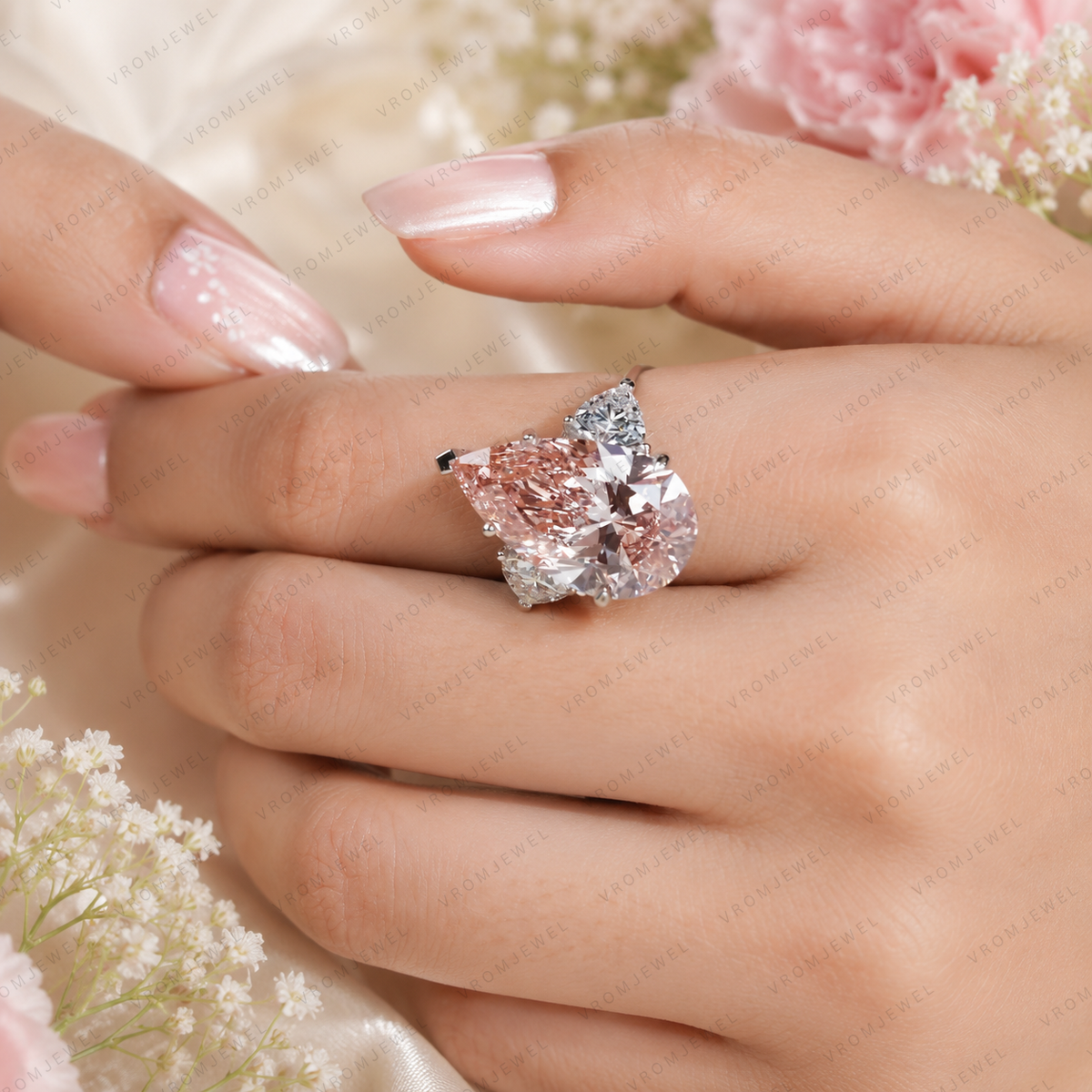 10 Carat Pink Pear Lab Grown Diamond Engagement Ring, Triangle Diamond Accents, Pink Pear Shape Ring, Statement Bridal Ring