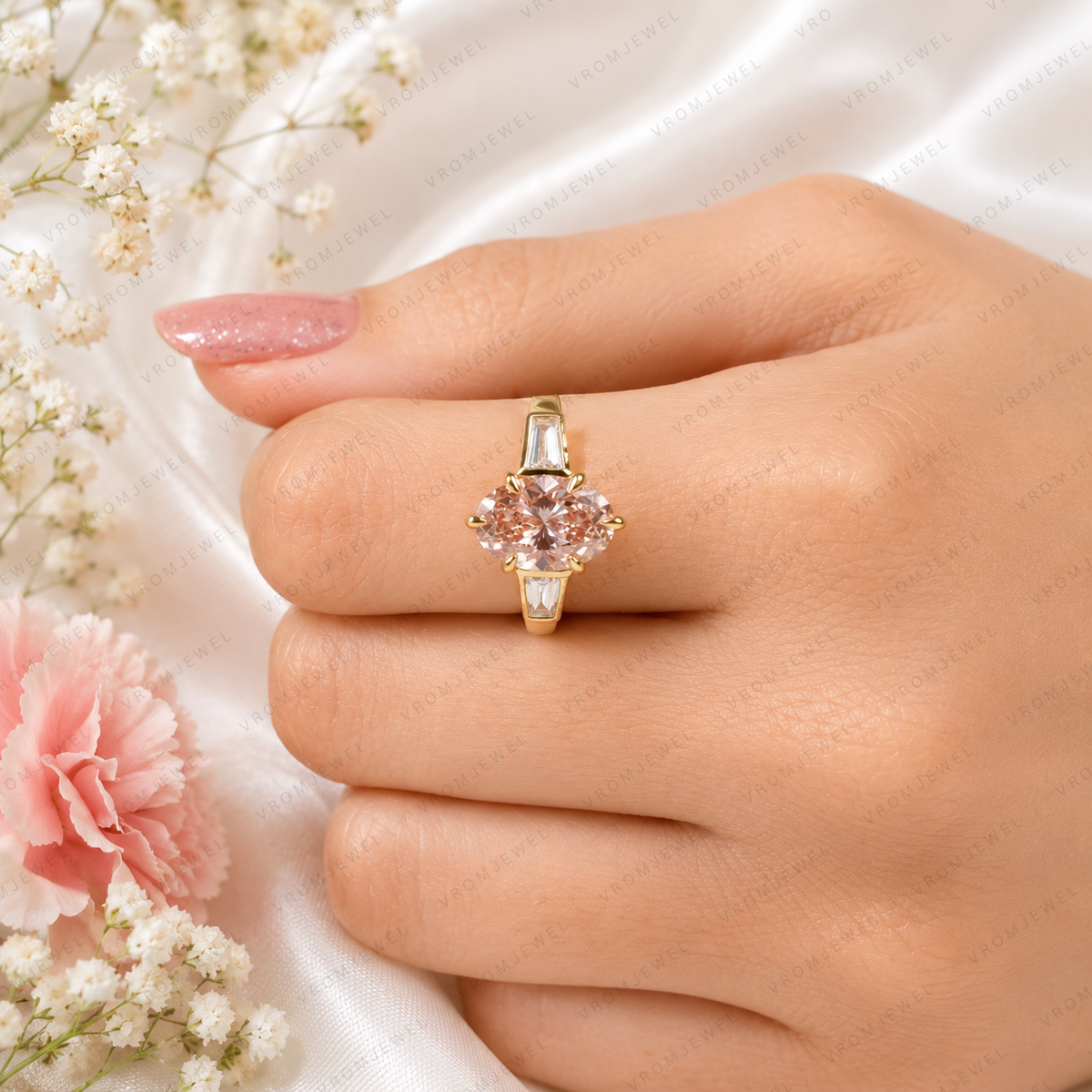Pink Oval Lab Grown Diamond Engagement Ring, Pink Diamond Ring, Elegant Halo Setting, Diamond Accent Ring, 10K 14K 18K Gold
