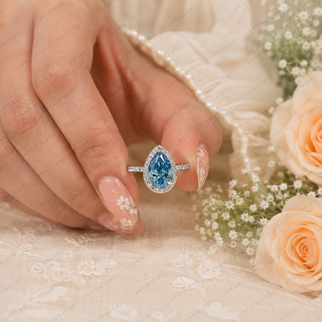Blue Pear Shape Lab Grown Diamond Ring, 3 Carat Blue Diamond Engagement Ring, Pear Cut Halo Ring, Pavé Diamond Band, Blue Bridal Ring