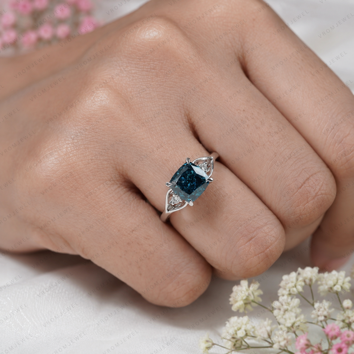 Blue Cushion Cut Lab Grown Diamond Ring, 3 Carat Blue Diamond Engagement Ring, Round Diamond Accents, Unique Statement Ring, 10K 14K 18KGold
