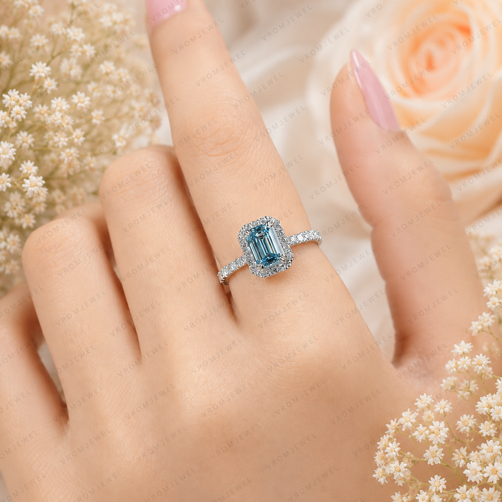 Blue Emerald Cut Lab Grown Diamond Ring, 1.50 Carat Blue Diamond Engagement Ring, Emerald Cut Halo Ring, Round Diamond Accents, Pavé Band
