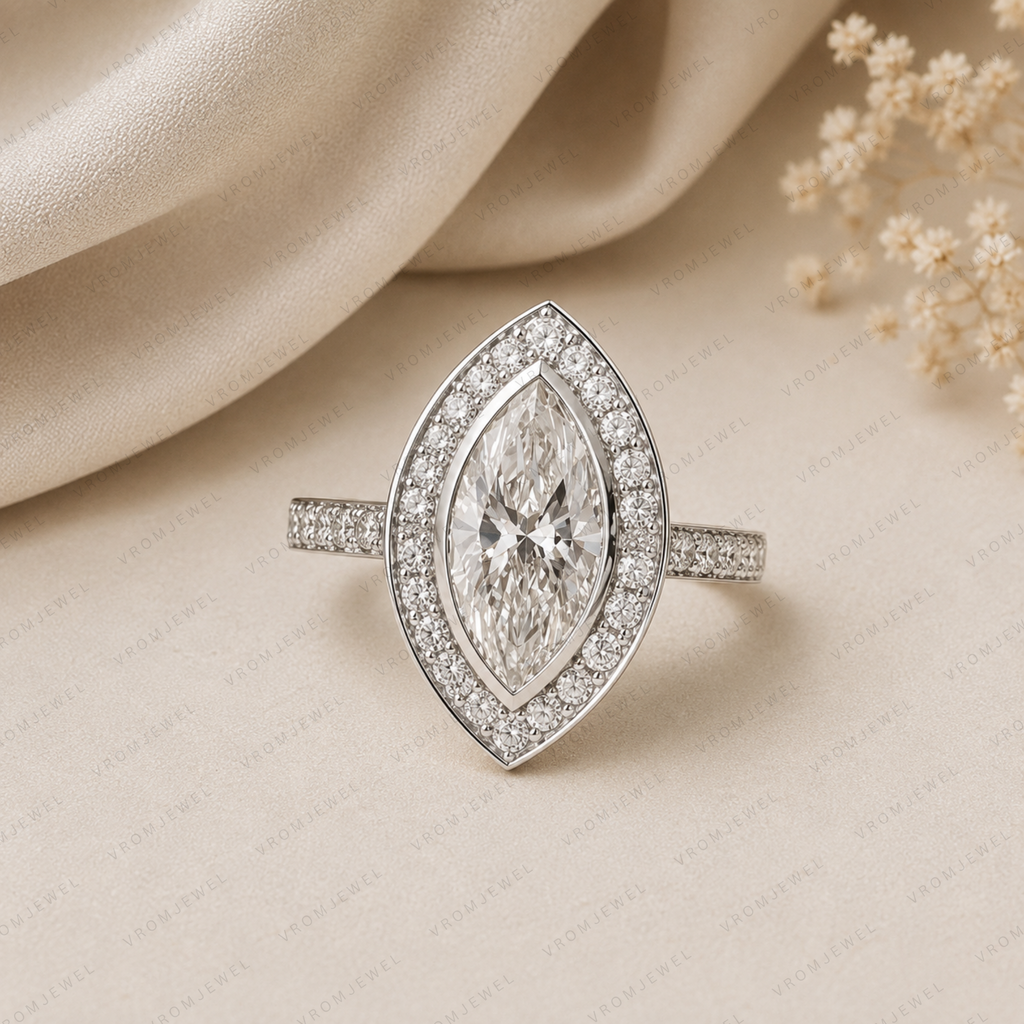 Elegant Marquise Lab Grown Diamond Bezel Set Halo Engagement Ring