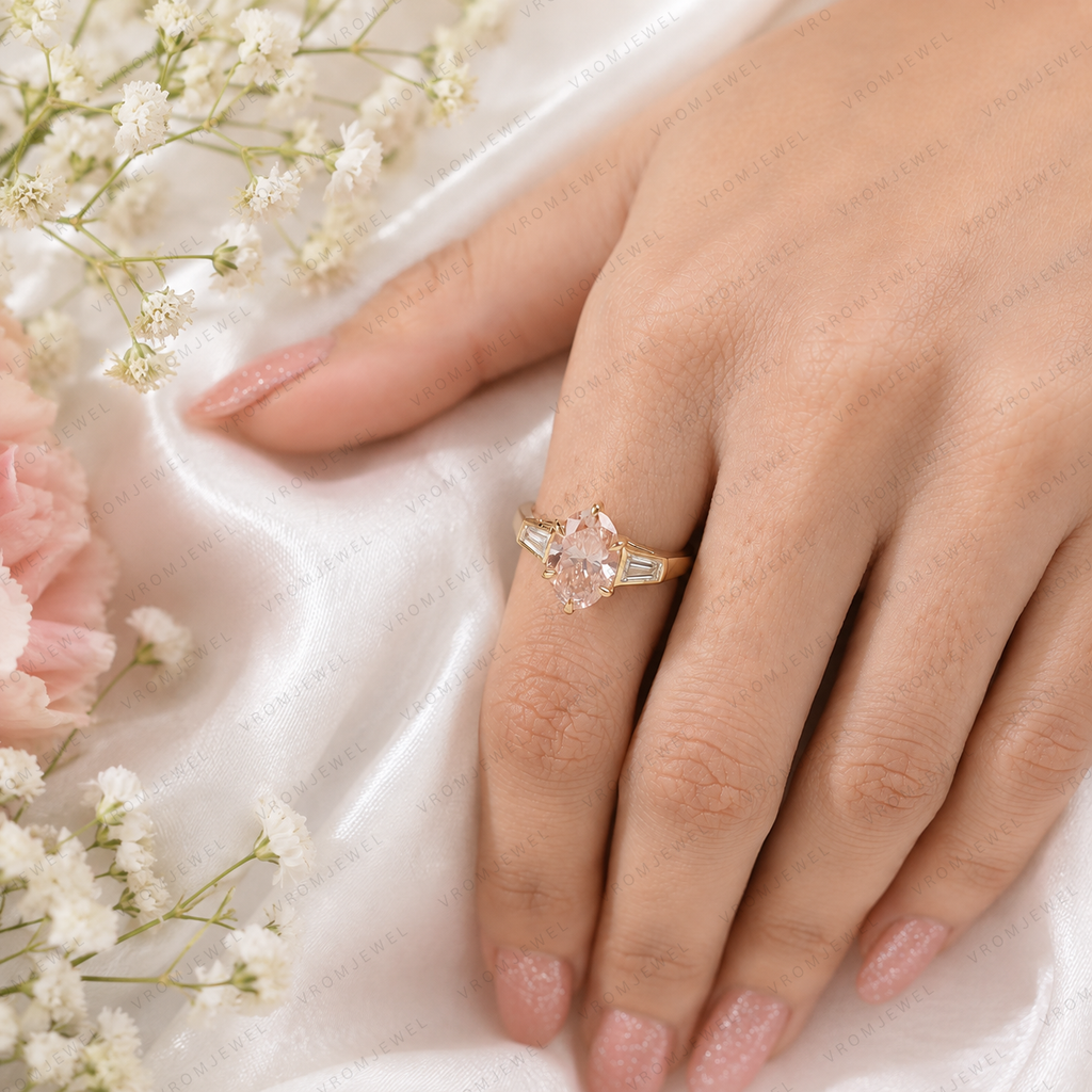 Pink Oval Lab Grown Diamond Engagement Ring, Pink Diamond Ring, Elegant Halo Setting, Diamond Accent Ring, 10K 14K 18K Gold