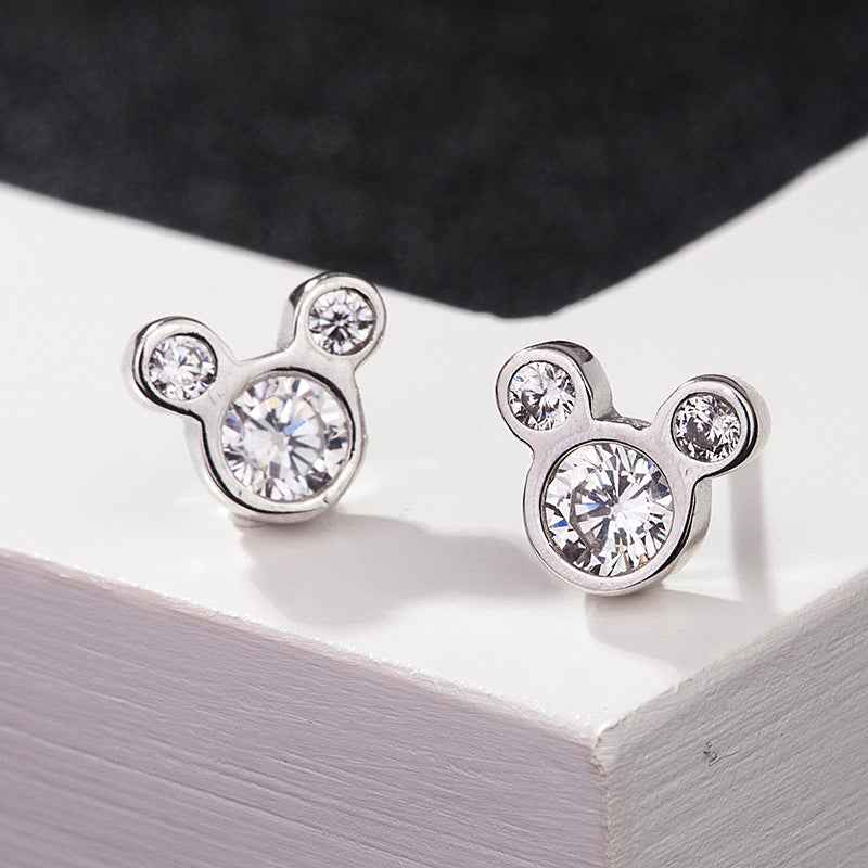 Mouse Silhouette Diamond Stud Earrings, Round Lab Grown Diamond Earrings, Cartoon Inspired Gold Studs, Minimal Diamond Earrings