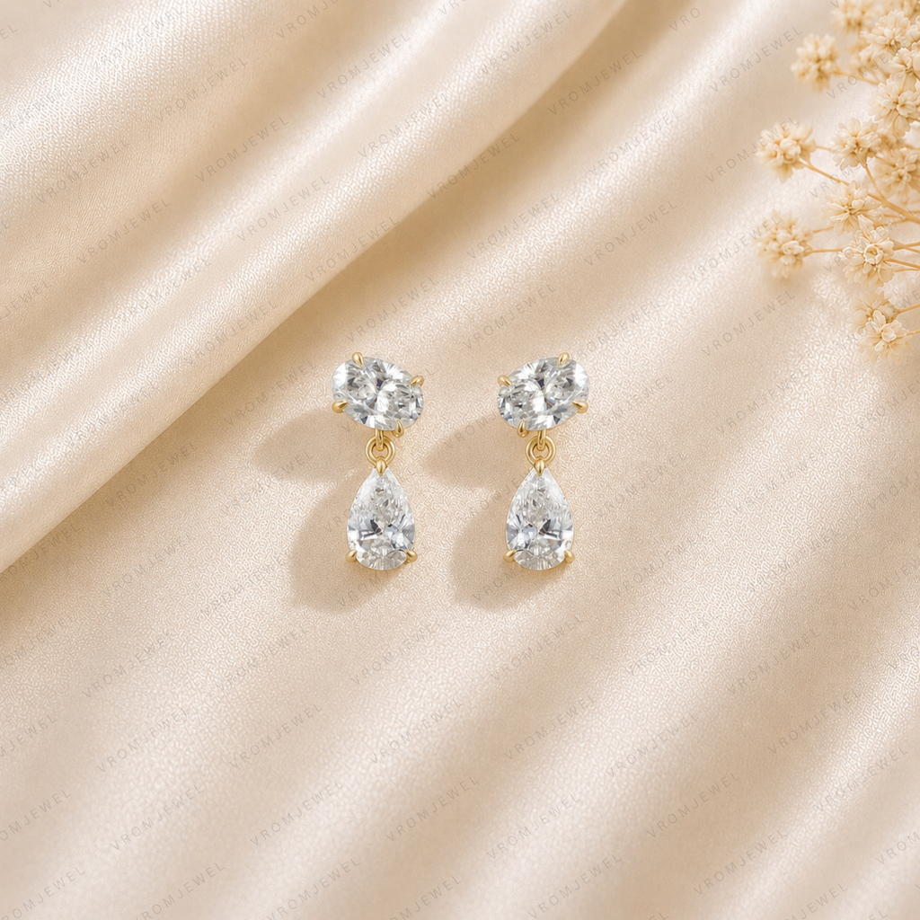 Oval & Pear Cut Lab Grown Diamond Two Stone Earrings in Solid 14K Gold