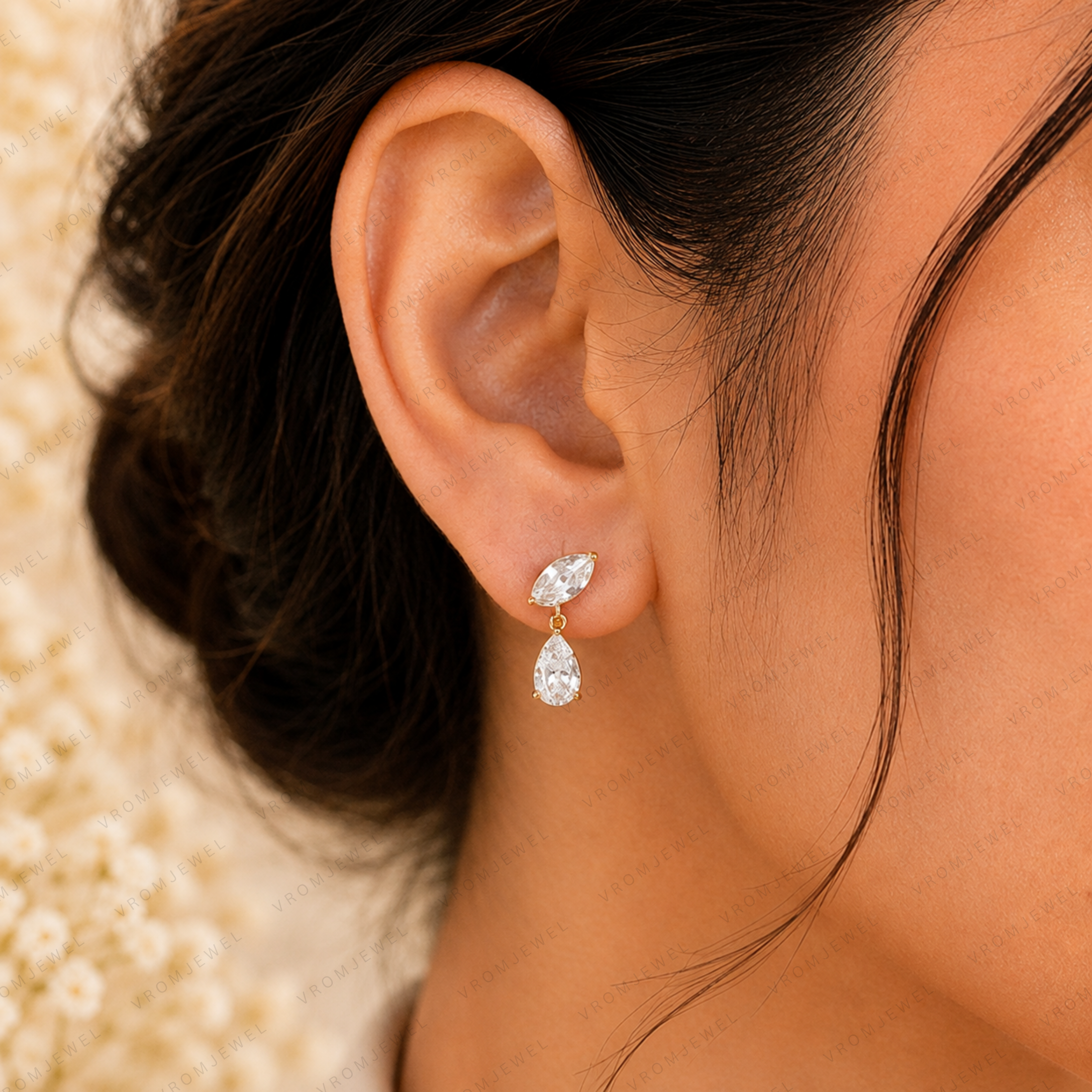 Marquise & Pear Cut Lab Grown Diamond Two Stone Earrings in Solid 14K Gold
