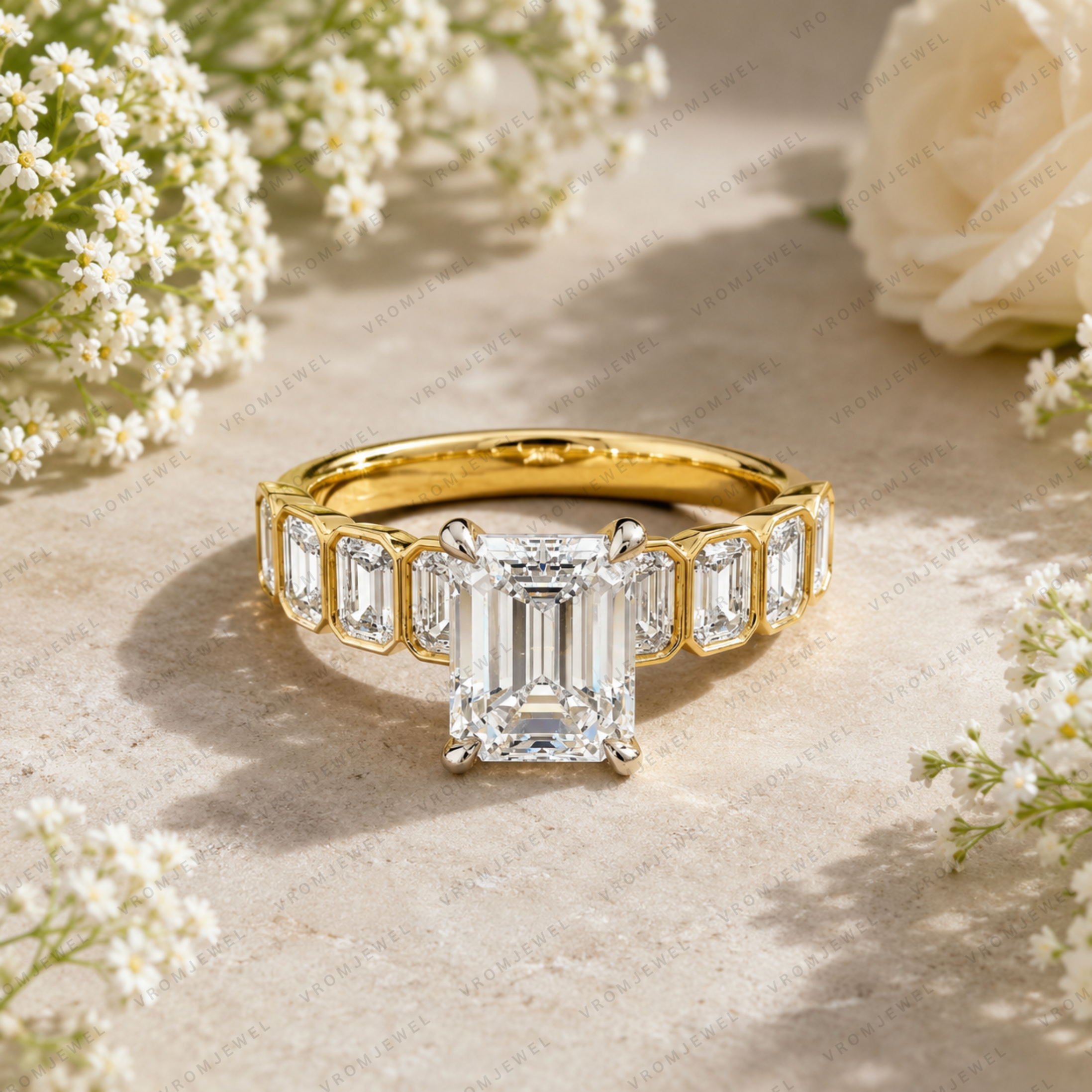 Emerald Cut Lab Grown Diamond Bridal Engagement Ring in Solid 14K Gold