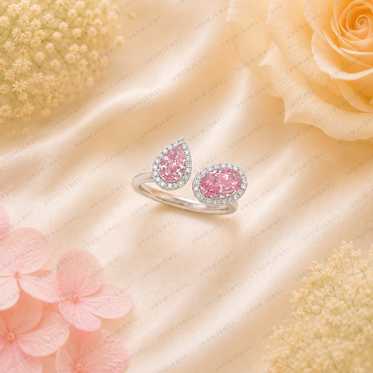 Pink Pear & Oval Lab Grown Diamond Ring, 3 Carat Pink Diamond Ring, Open Bypass Ring, Two Stone Engagement Ring, Halo Diamond Ring, 10K 14K
