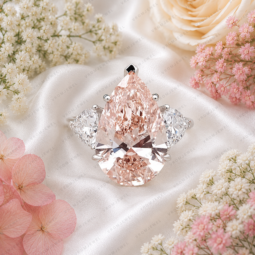 10 Carat Pink Pear Lab Grown Diamond Engagement Ring, Triangle Diamond Accents, Pink Pear Shape Ring, Statement Bridal Ring