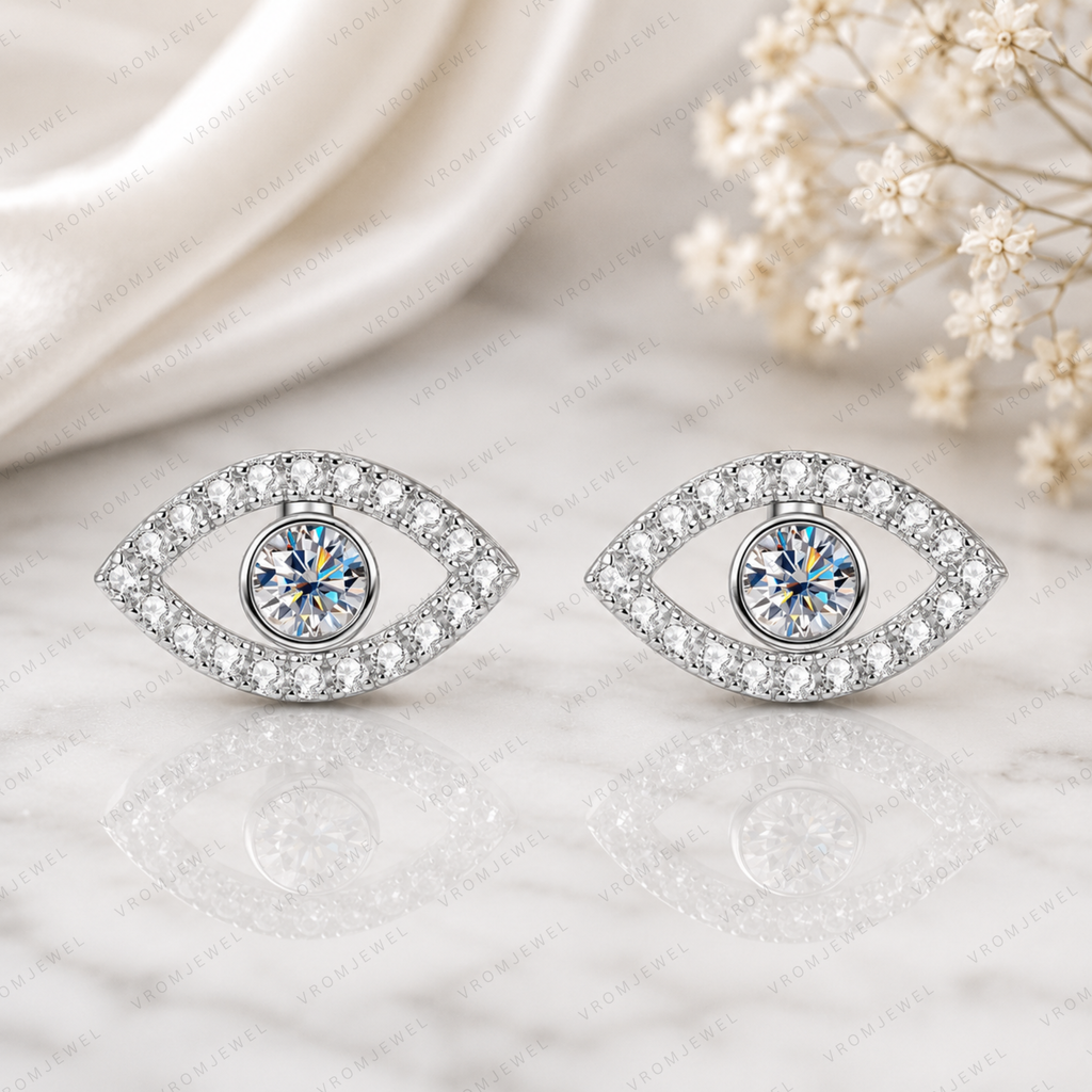 Evil Eye Lab Grown Diamond Stud Earrings, Eye Shape Diamond Earrings, Solid Gold Evil Eye Studs, Minimalist Diamond Earrings, Gift For Her