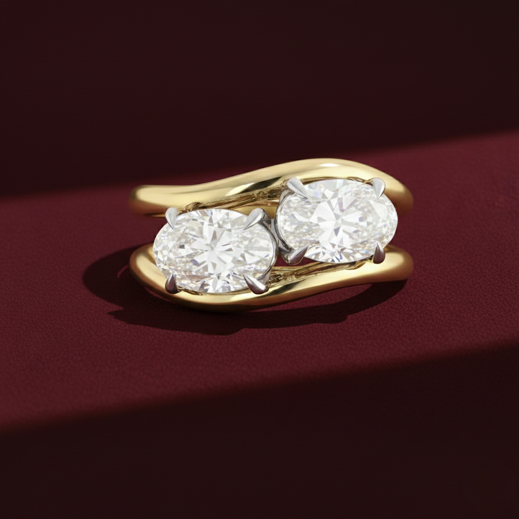 Two Tone Toi et Moi Lab Grown Diamond Ring, Oval Two Stone Engagement Ring, 14K White and Yellow Gold, Romantic Bypass Ring, Gift for Her
