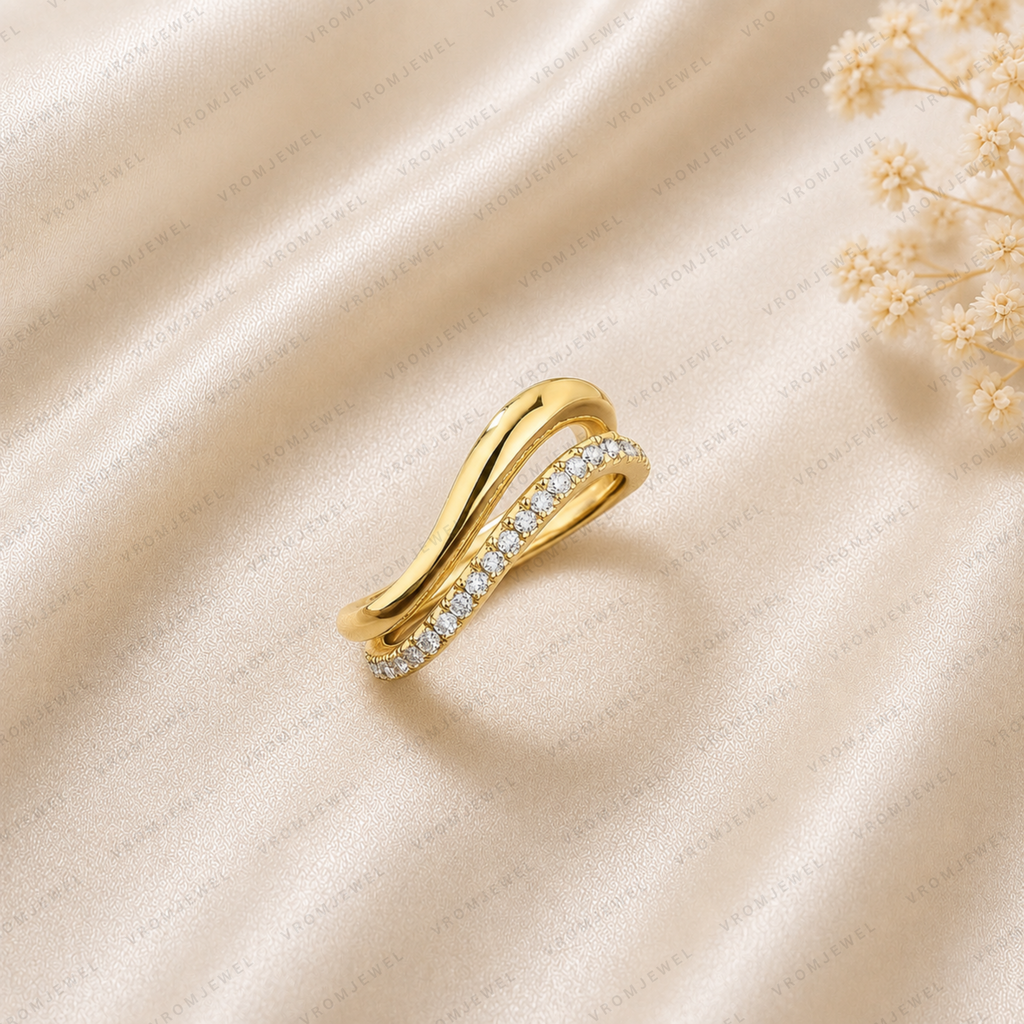 Double Wave Diamond Wedding Band | Lab Grown | 14K Gold | Stacking Ring
