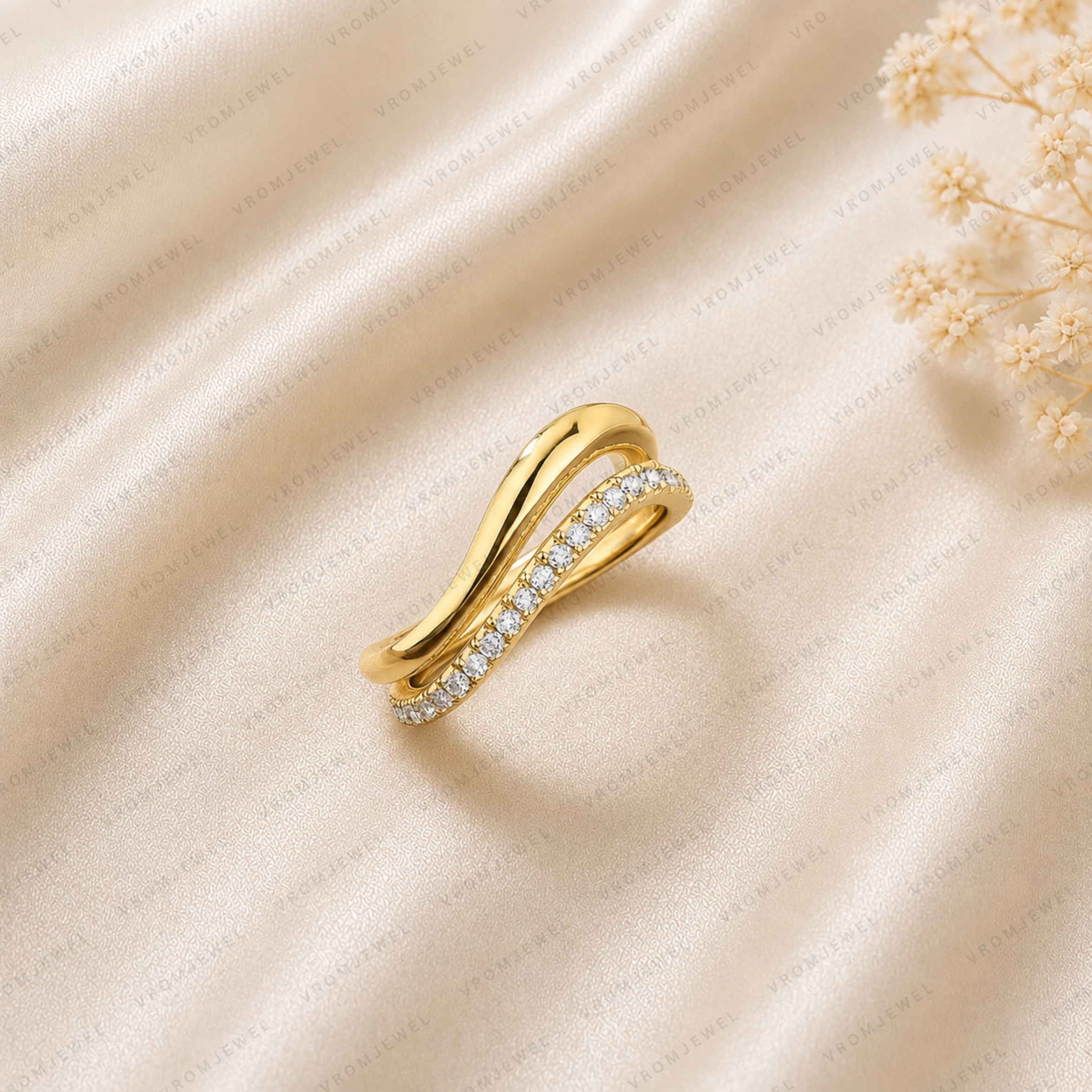 Double Wave Diamond Wedding Band | Lab Grown | 14K Gold | Stacking Ring
