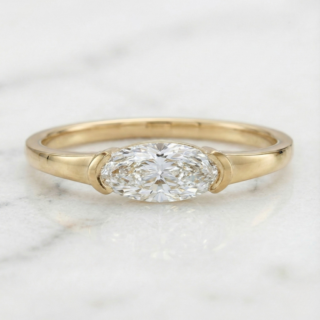 Moval Cut East West Half Bezel Solitaire Ring | Lab Grown Diamond | 14K Yellow Gold