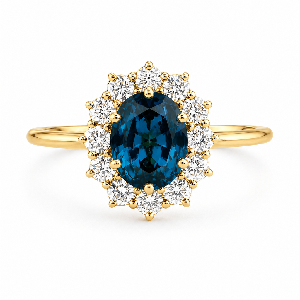 London Blue Topaz Halo Ring | 3.5 CT Oval Gemstone | Lab Grown Diamond Halo | Vintage Style Engagement Ring | 14K Gold