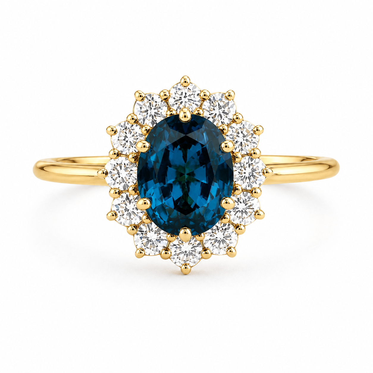 London Blue Topaz Halo Ring | 3.5 CT Oval Gemstone | Lab Grown Diamond Halo | Vintage Style Engagement Ring | 14K Gold