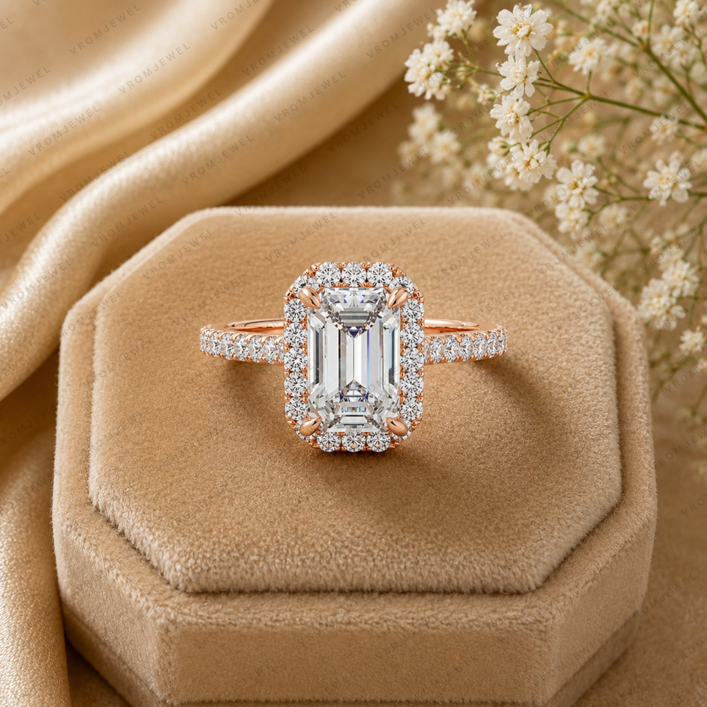 Emerald Cut Lab Grown Diamond Halo Bridal Engagement Ring in 14K/18K Gold